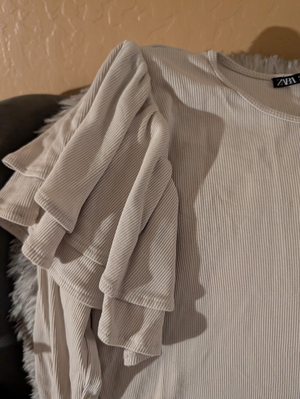Zara Cream Layered Ruffle Long-Sleeve Ribbed Top - Picture 2 of 5